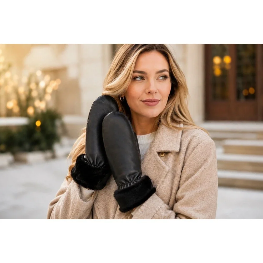 VTG Wilsons Women's Gloves Black Faux Fur Cuff Leather Fleece Large